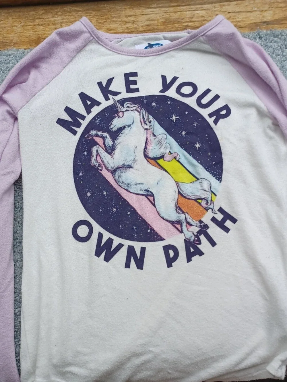 Old Navy Girls Cream and Lavender Unicorn 'Make Your Own Path' Raglan Top